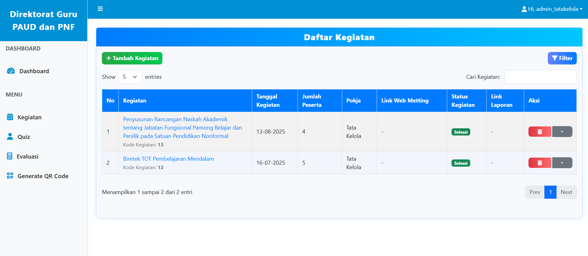 Activity Management Page